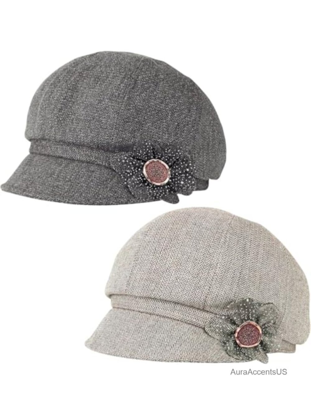 Women's Newsboy Cap 2 Pc Cotton Linen Cabbie Beret Hat Flower Buckle Retro